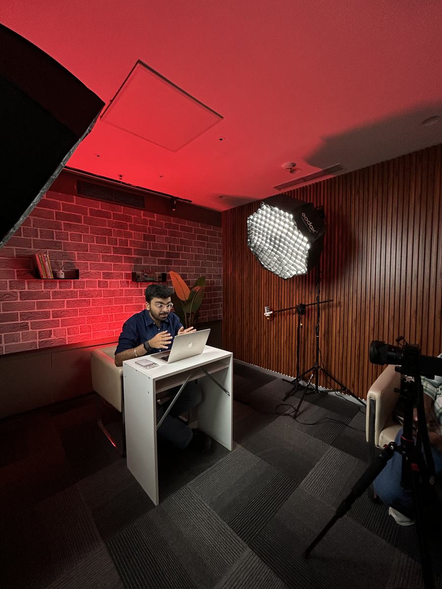 Video podcast recording with ambient lighting at podcast studio on rent in Gurgaon